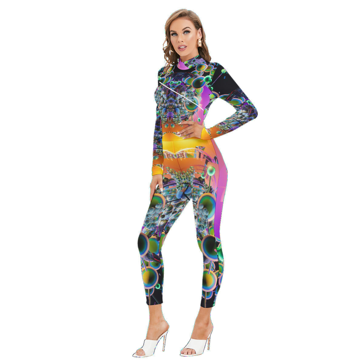 Psychedelic Doses All-Over Print Women's Long-sleeved High-neck Jumpsuit With Zipper