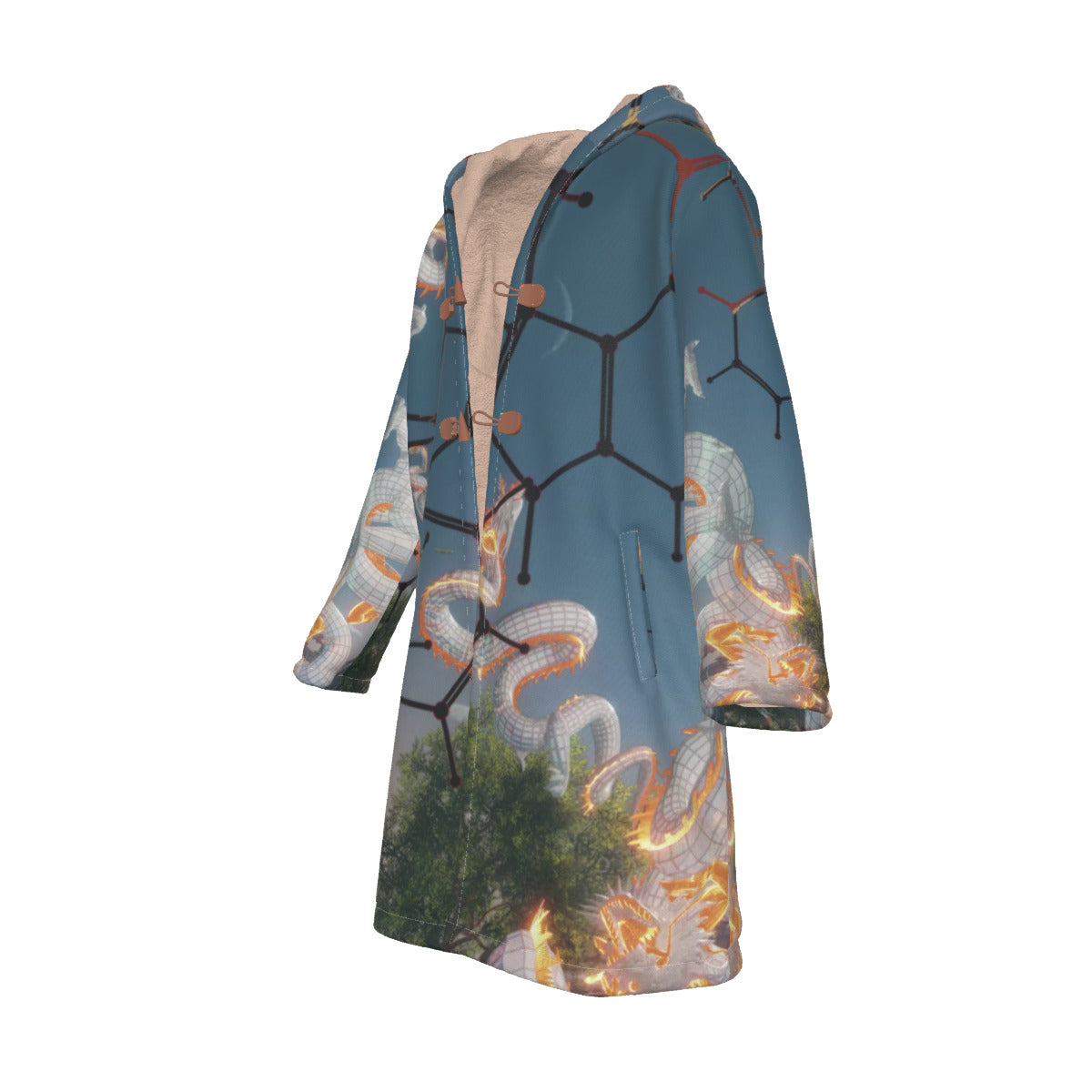 Psychedelic Dragon Print Men's Horn Button Long Fleece Cloak