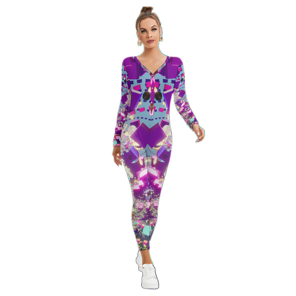 Psychedelic 3D Digital Art Print Women's Plunging Neck Jumpsuit