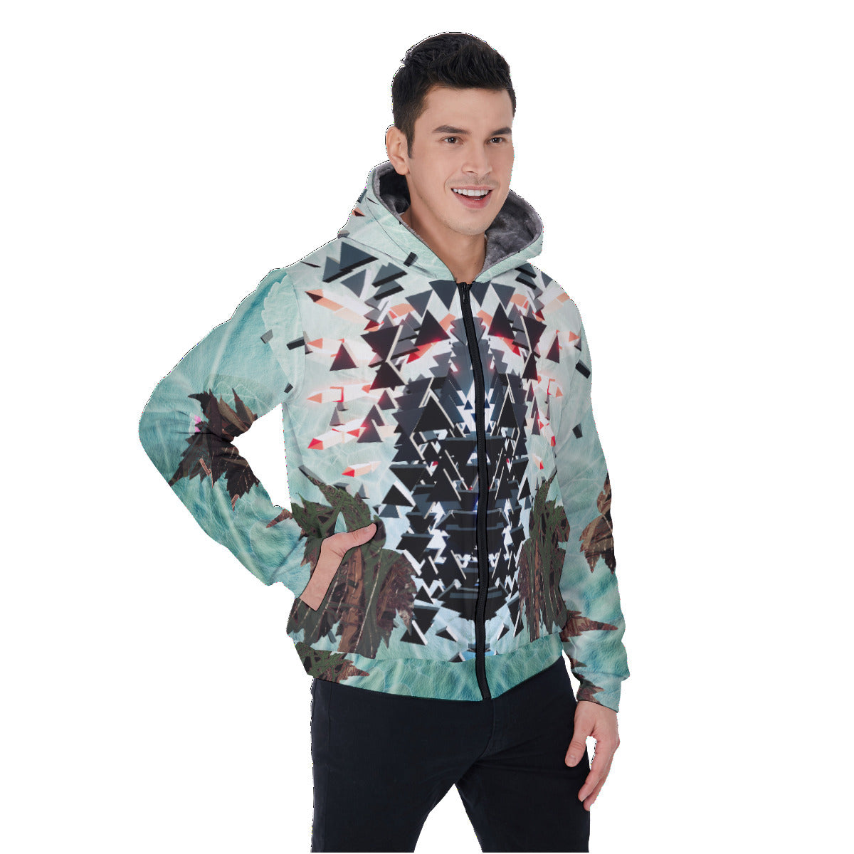 Psychedelic Digital Art Print Men's Sherpa Fleece Zip Up Hoodie