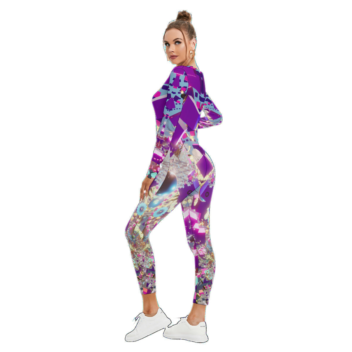 Psychedelic 3D Digital Art Print Women's Plunging Neck Jumpsuit