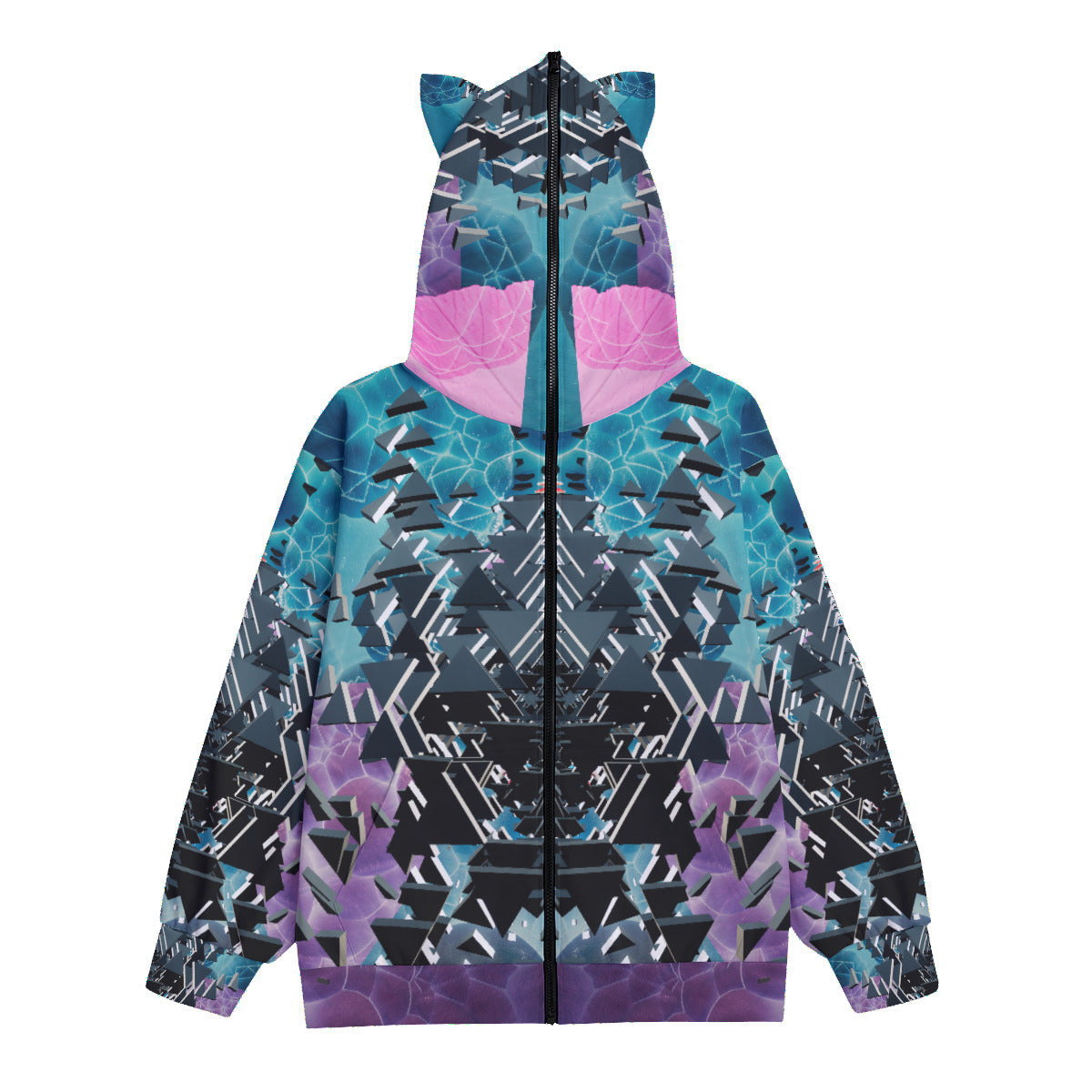 Psychedelic All-Over Print Unisex Hoodie With Full Zipper Closure and Cat Ears