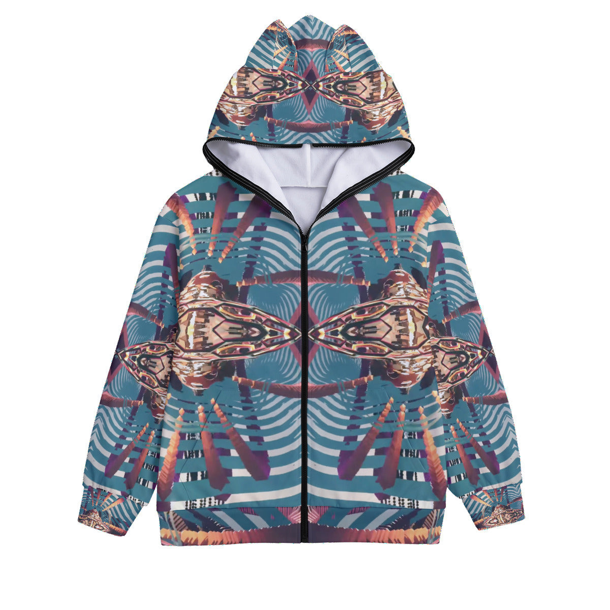 Psychedelic Orb All-Over Print Unisex Pullover Hoodie With Face Zipper Closure and Cat Ears