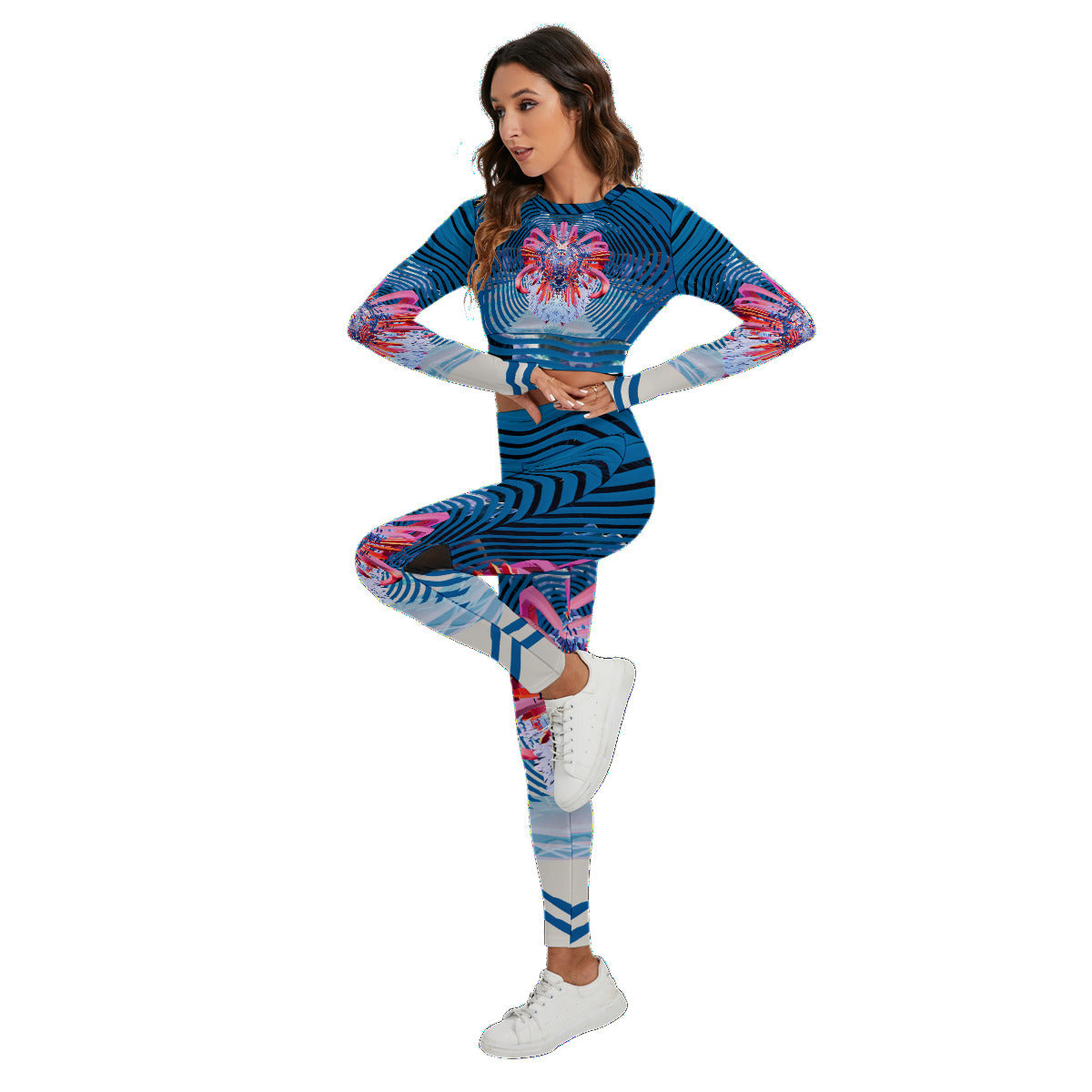 Psychedelic Orb Print Women's Sport Set With Backless Top And Leggings