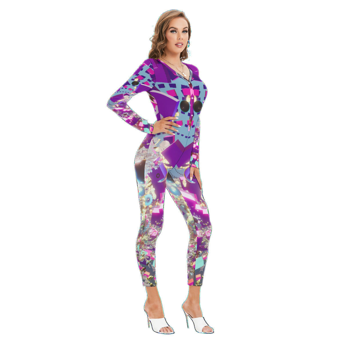 Psychedelic 3D Digital Art Print Women's Plunging Neck Jumpsuit