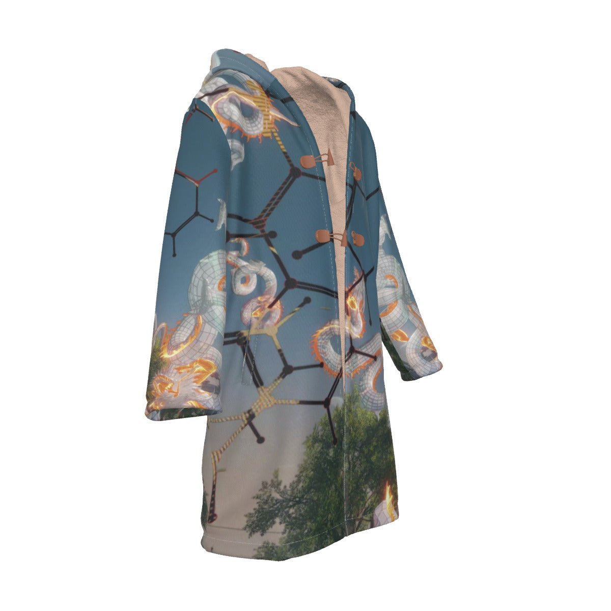 Psychedelic Dragon Print Men's Horn Button Long Fleece Cloak