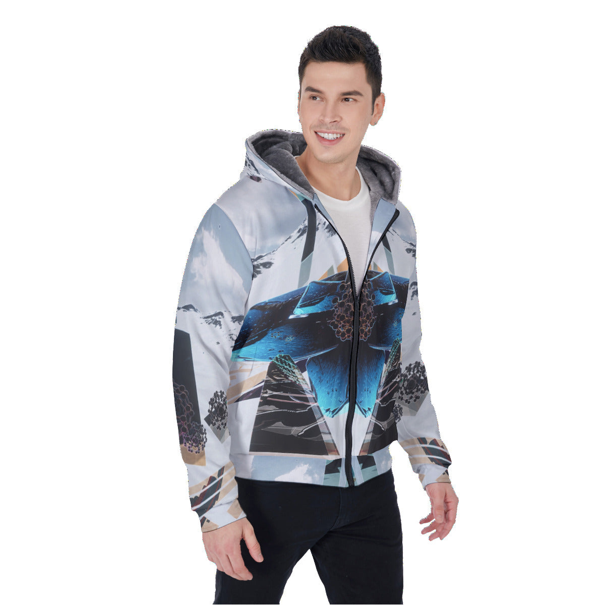 Crystalfly Psychedelic Mountain Digital Art Print Men's Sherpa Fleece Zip Up Hoodie