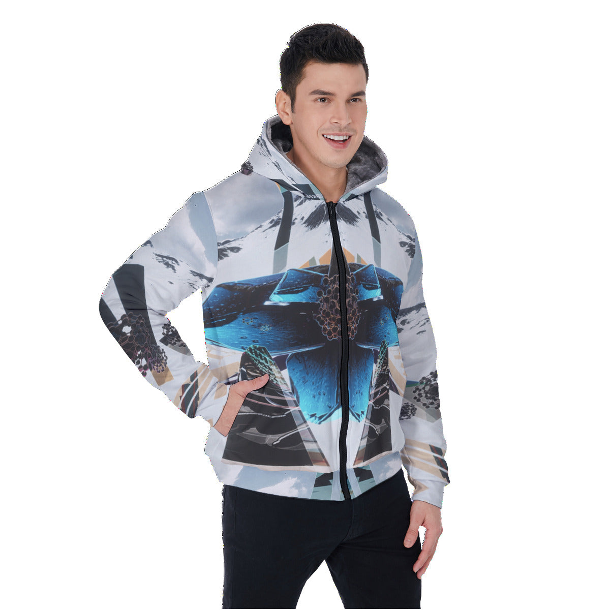 Crystalfly Psychedelic Mountain Digital Art Print Men's Sherpa Fleece Zip Up Hoodie