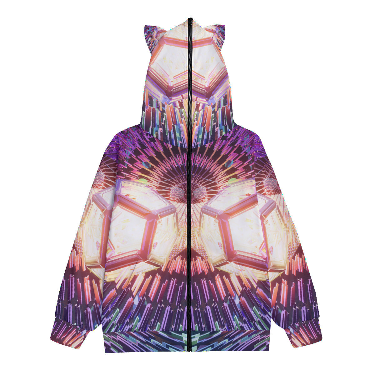 Dosedecahedron Psychedelic Print Unisex Hoodie With Full Zipper Closure and Cat Ears