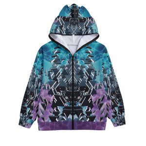 Psychedelic All-Over Print Unisex Hoodie With Full Zipper Closure and Cat Ears
