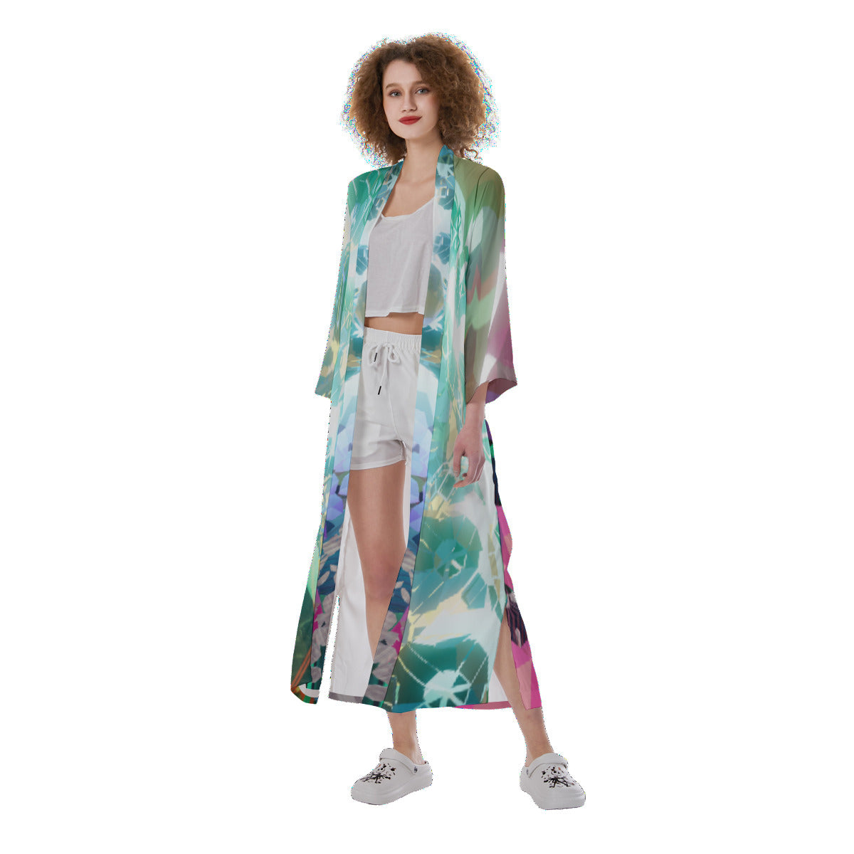 Psychedelic 3D Digital Art Print Women's Satin Kimono Long Robe