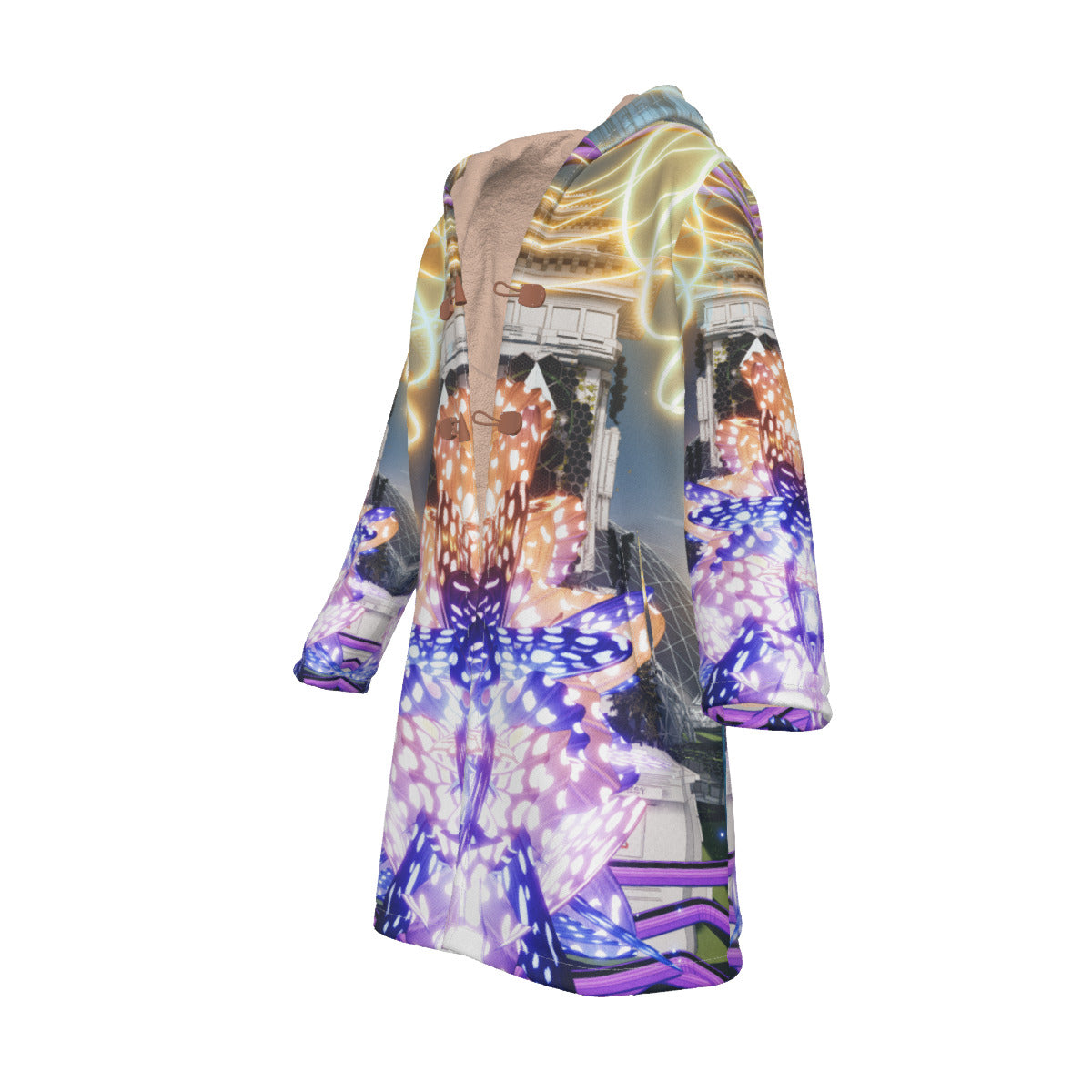 Psychedelic Print Men's Horn Button Long Fleece Cloak