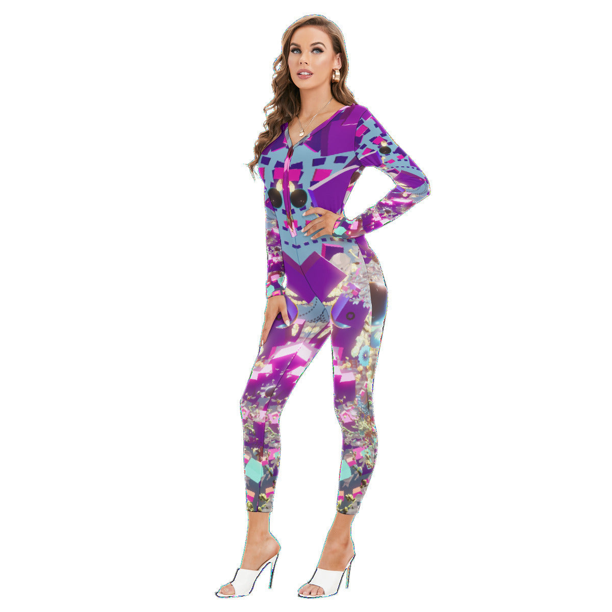 Psychedelic 3D Digital Art Print Women's Plunging Neck Jumpsuit