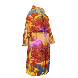 Psychedelic Floral Print Men's Long Fleece Zip Up Cloak