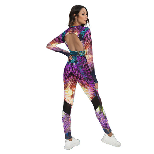 Psychedelic Digital Art Print Women's Sport Set With Backless Top And Leggings