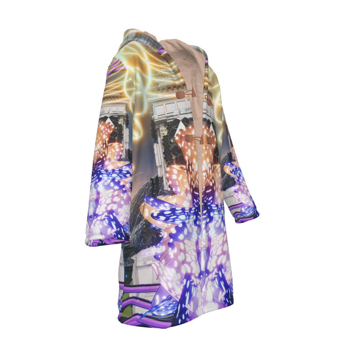 Psychedelic Print Men's Horn Button Long Fleece Cloak