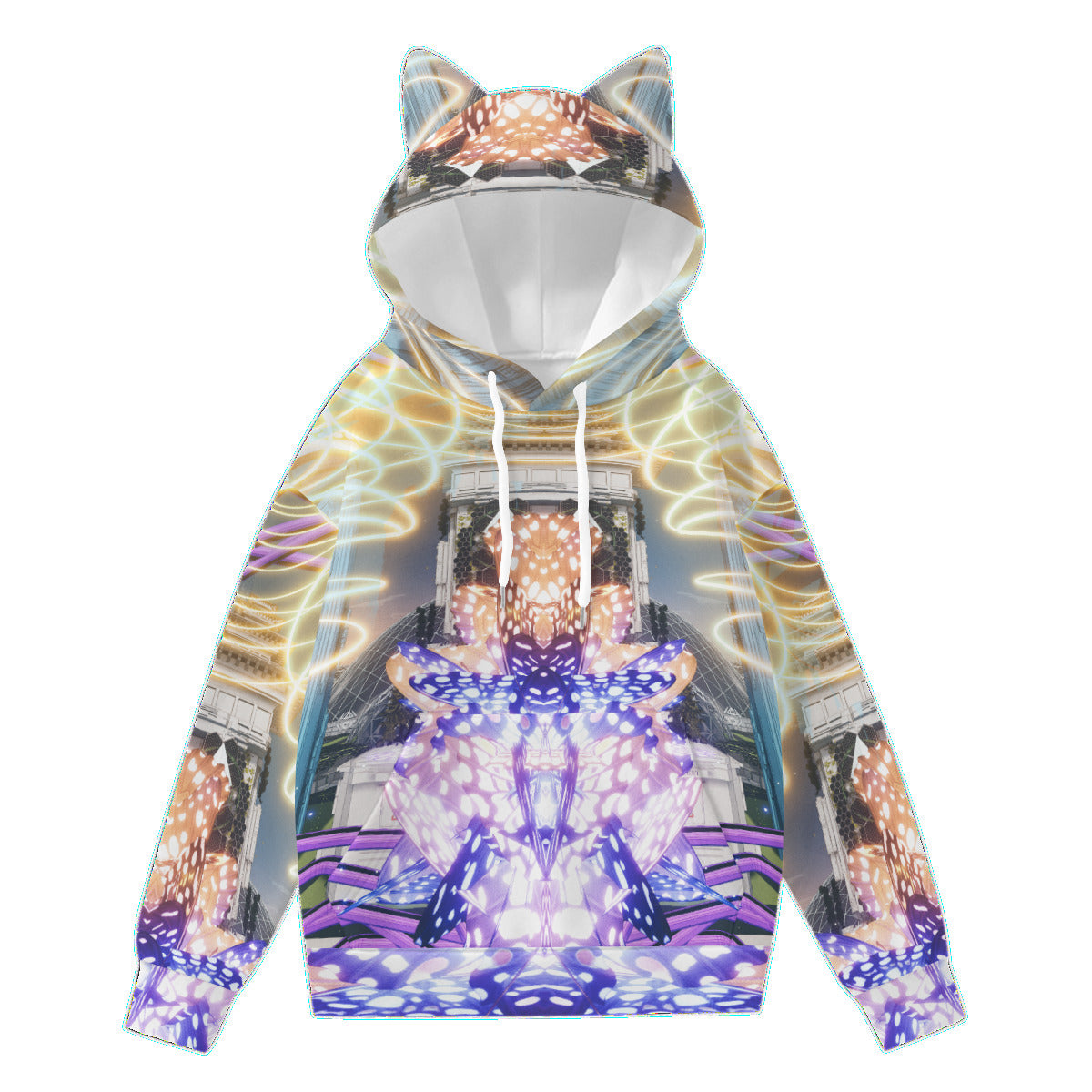 Psychedelic Butterfly Print Women’s Hoodie With Decorative Ears