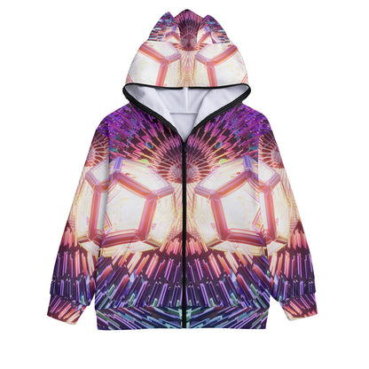 Dosedecahedron Psychedelic Print Unisex Hoodie With Full Zipper Closure and Cat Ears