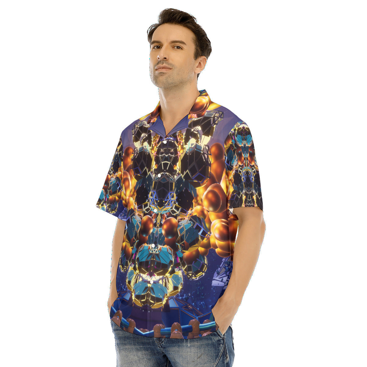 Psychedelic 3D Digital Art Print Men's Hawaiian Shirt With Button Closure